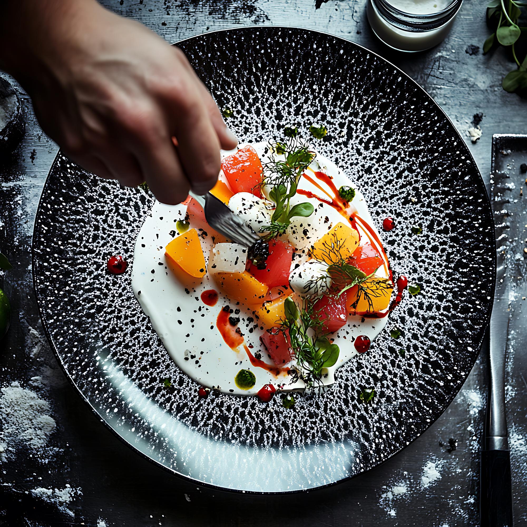 Chef plating a refined dish in studio